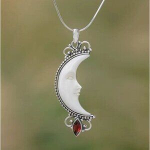 White Moon Necklace with Red Accent Stone Silver Tone
